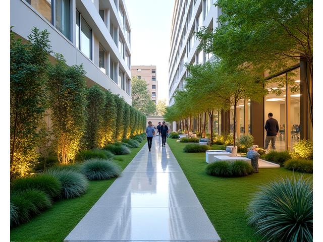 Diseño de jardín para oficinas corporativas con plantas nativas